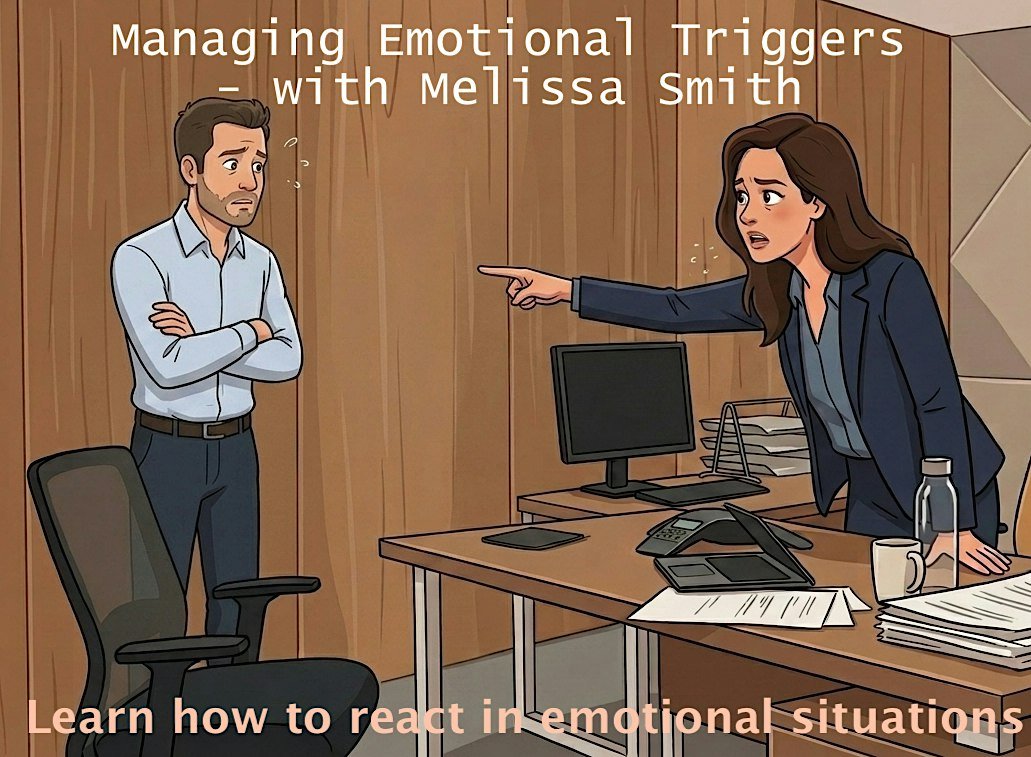 Illustration of an office where a woman points at a man standing with his arms crossed. Text: Managing Emotional Triggers with Melissa Smith. Learn how to react in emotional situations.